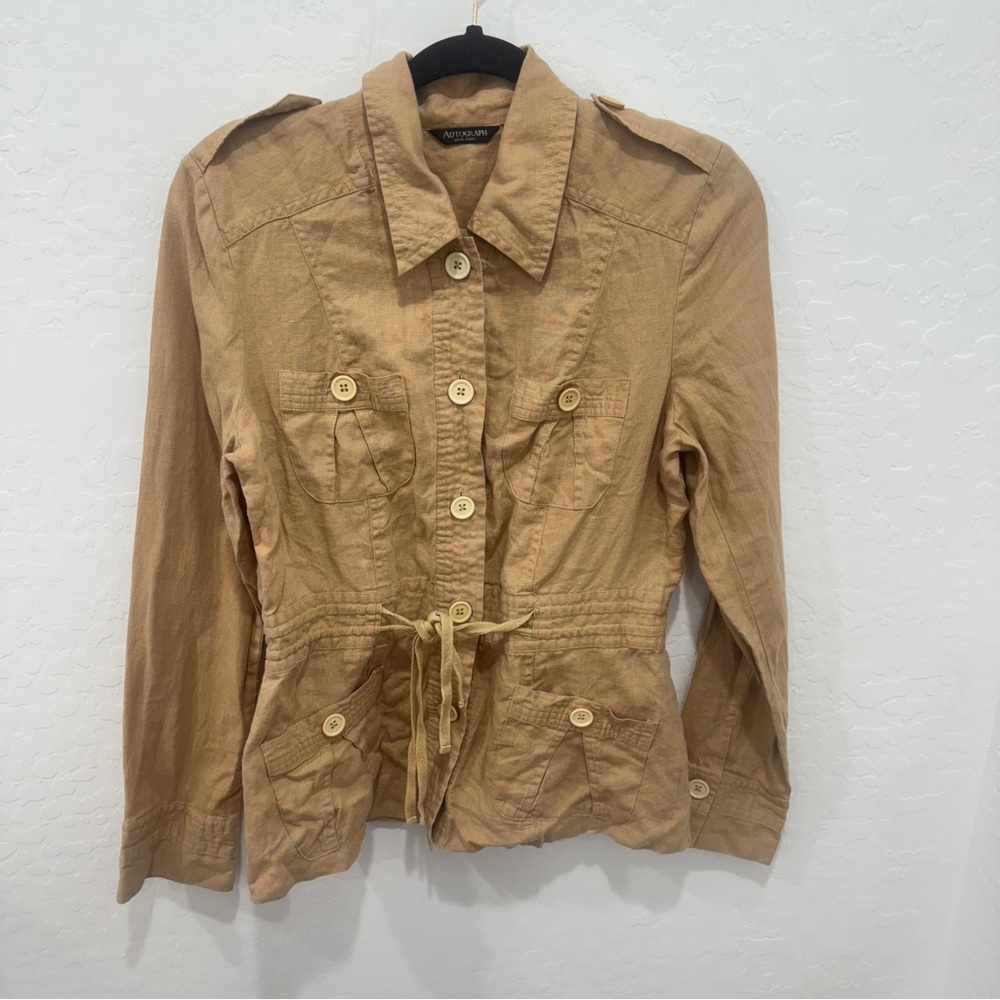 Autograph New York Tan Linen Utility Jacket Medium Lightweight Tailored Summer